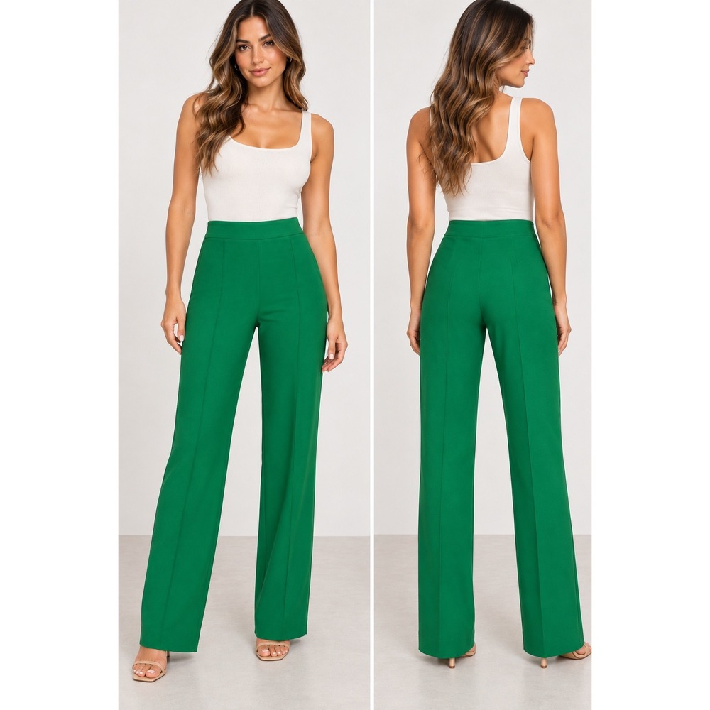 Alice + Olivia Green Pintuck Wide Leg Trousers Size 4 Emerald High Waist Pants